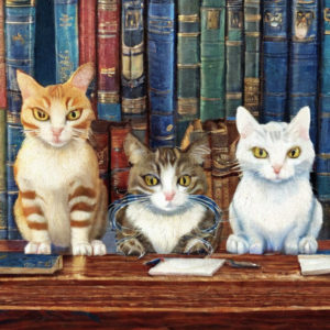 背中をシャキッとさせて本を読む猫たち